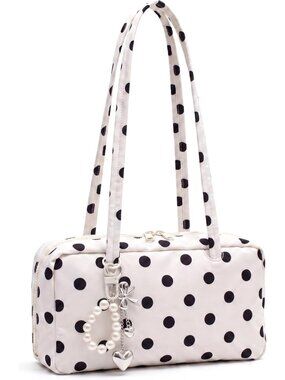 Lightweight Polka Dot Bowler Shoulder Bag with Pearl Heart Charm for Women